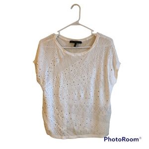 WHBM - White Mesh Short Sleeve Sweater Top with Silver Accent